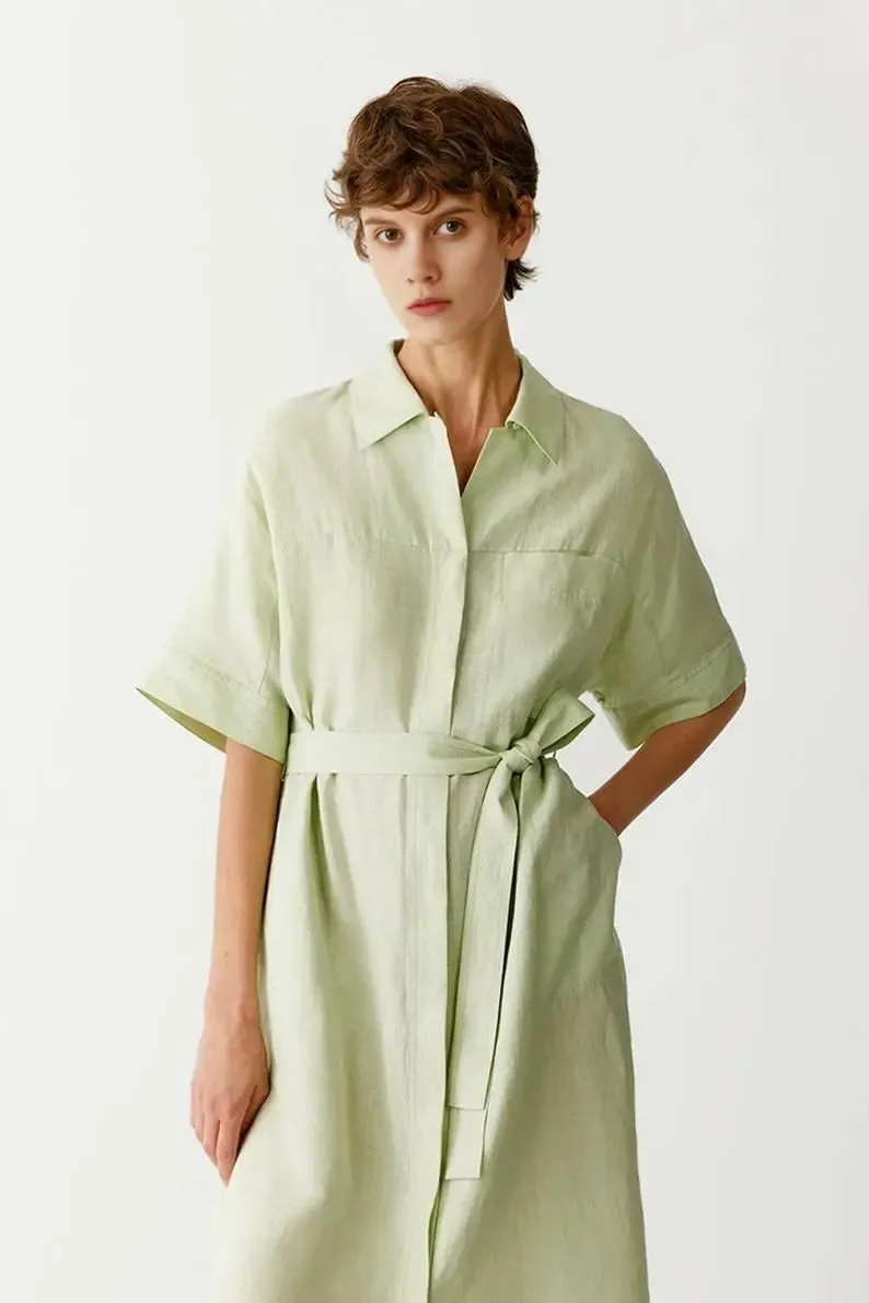 100% Linen Midi Shirt Dress With Belt