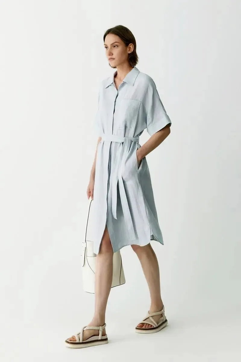 100% Linen Midi Shirt Dress With Belt