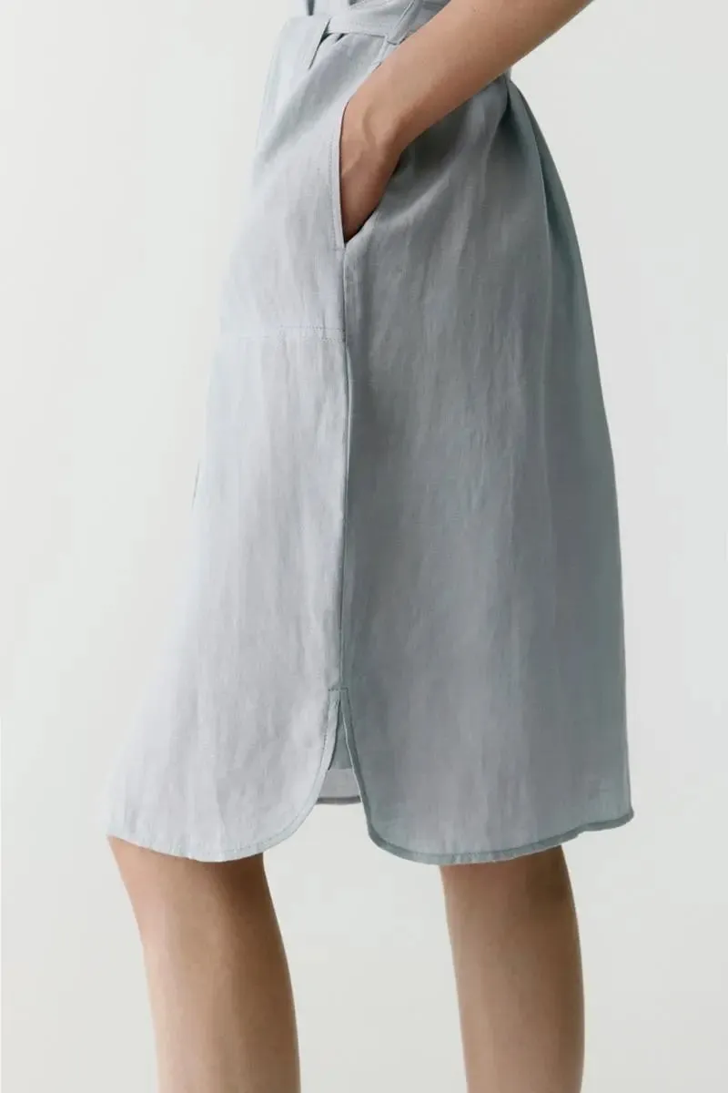 100% Linen Midi Shirt Dress With Belt