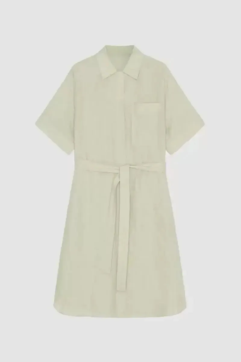 100% Linen Midi Shirt Dress With Belt
