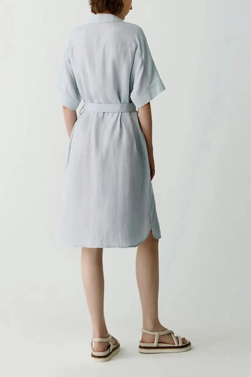 100% Linen Midi Shirt Dress With Belt