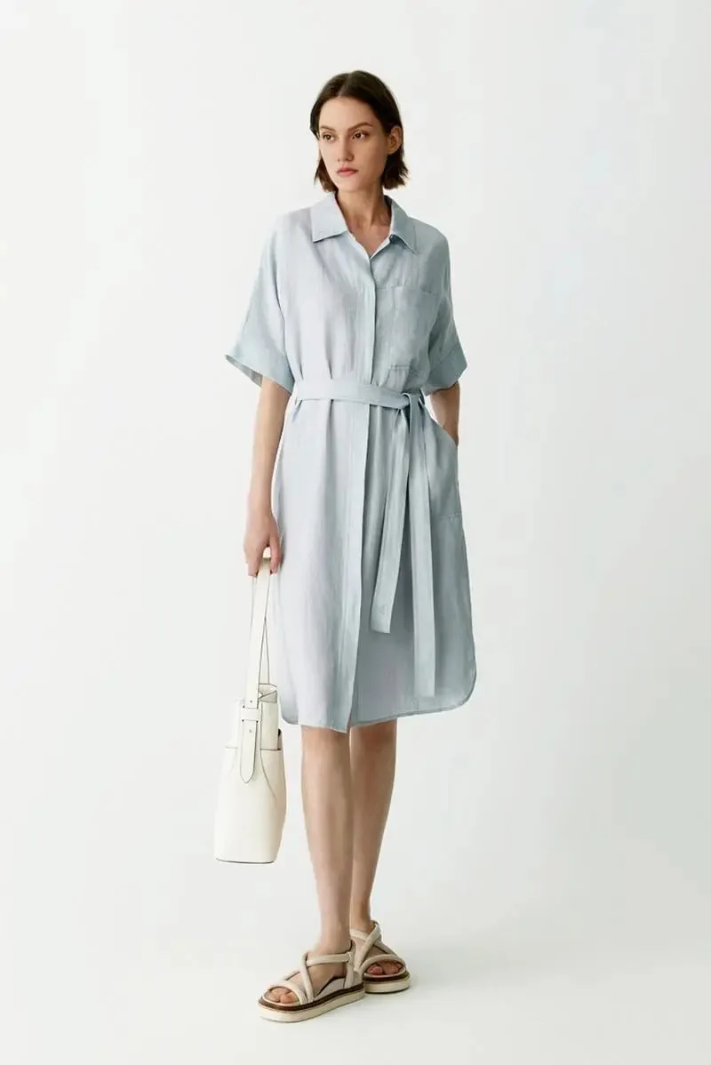 100% Linen Midi Shirt Dress With Belt