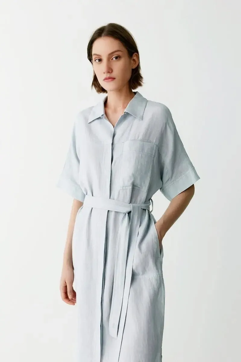 100% Linen Midi Shirt Dress With Belt