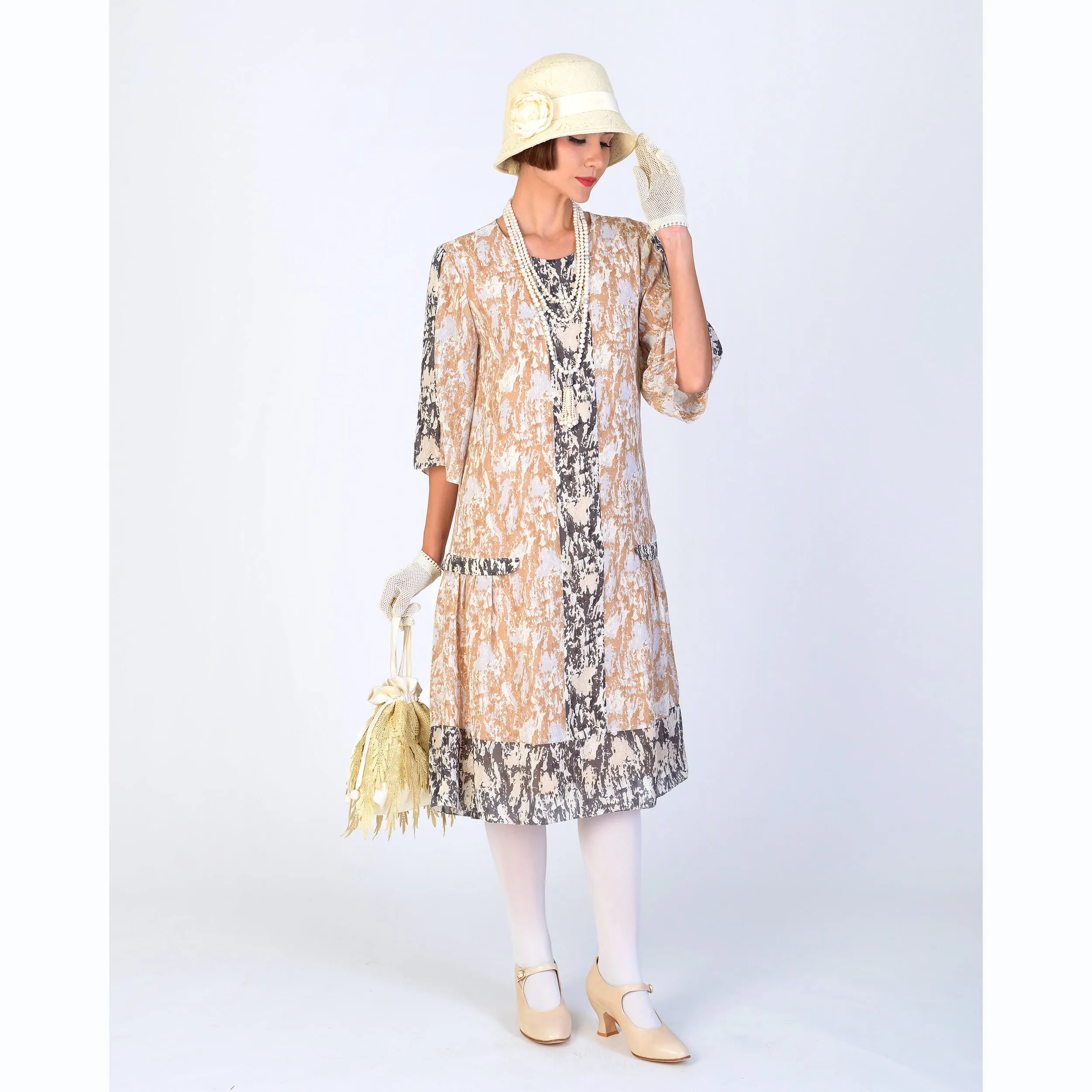 1920s chiffon dress in brown and black camouflage