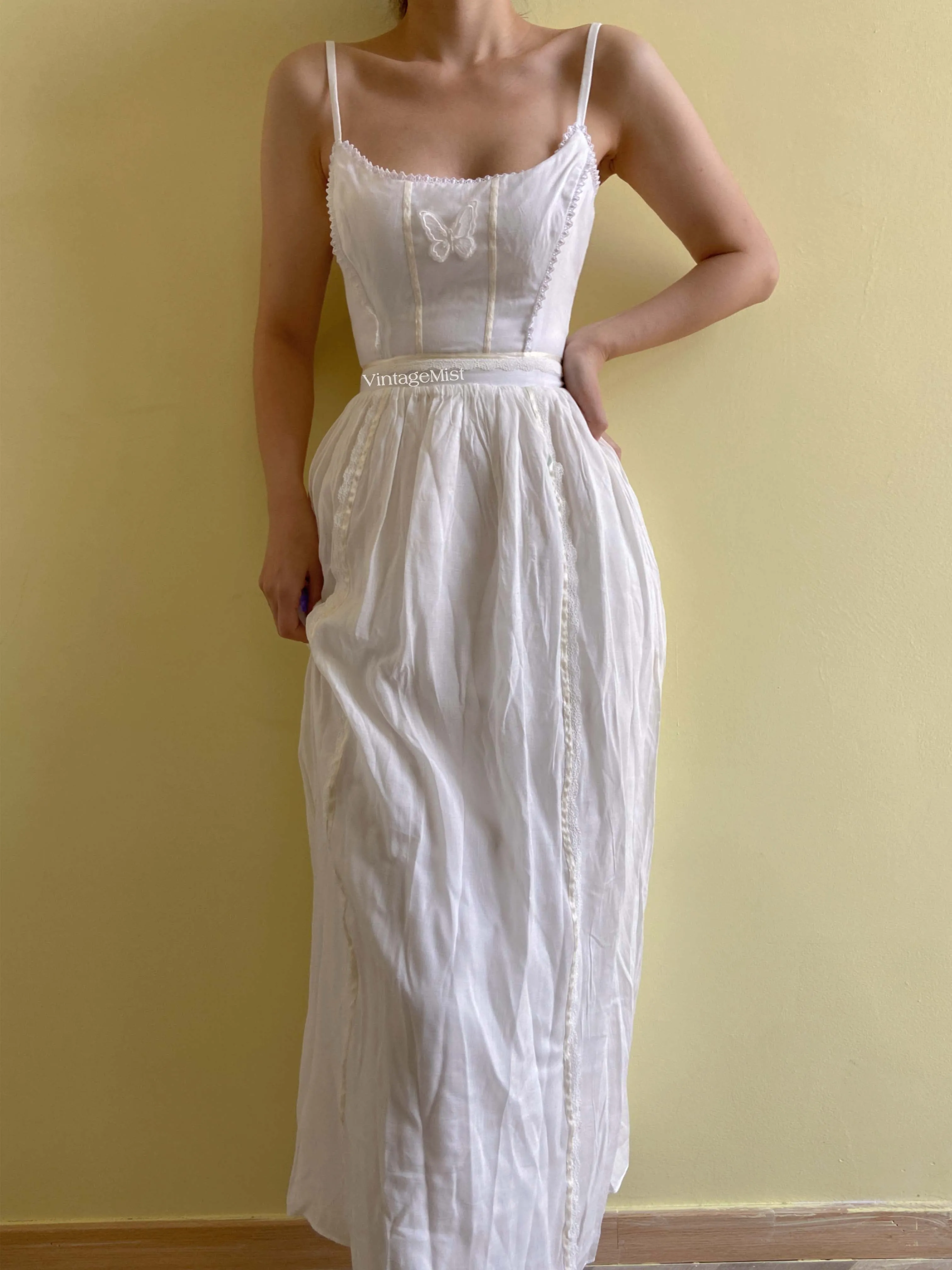 1970s Romantic Butterfly Strap Lace Dress