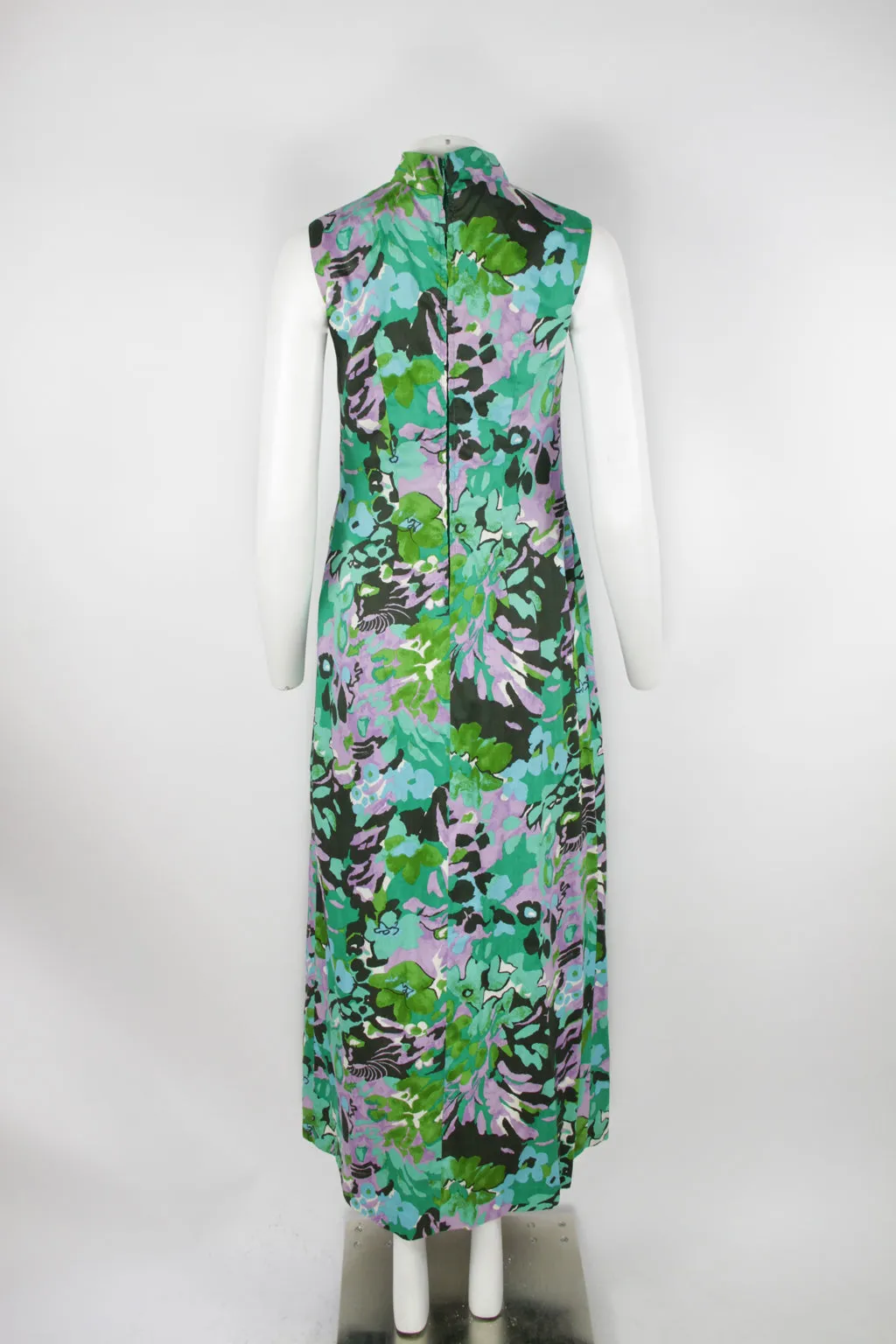 70s high collar maxi dress - Green and purple floral pattern - S