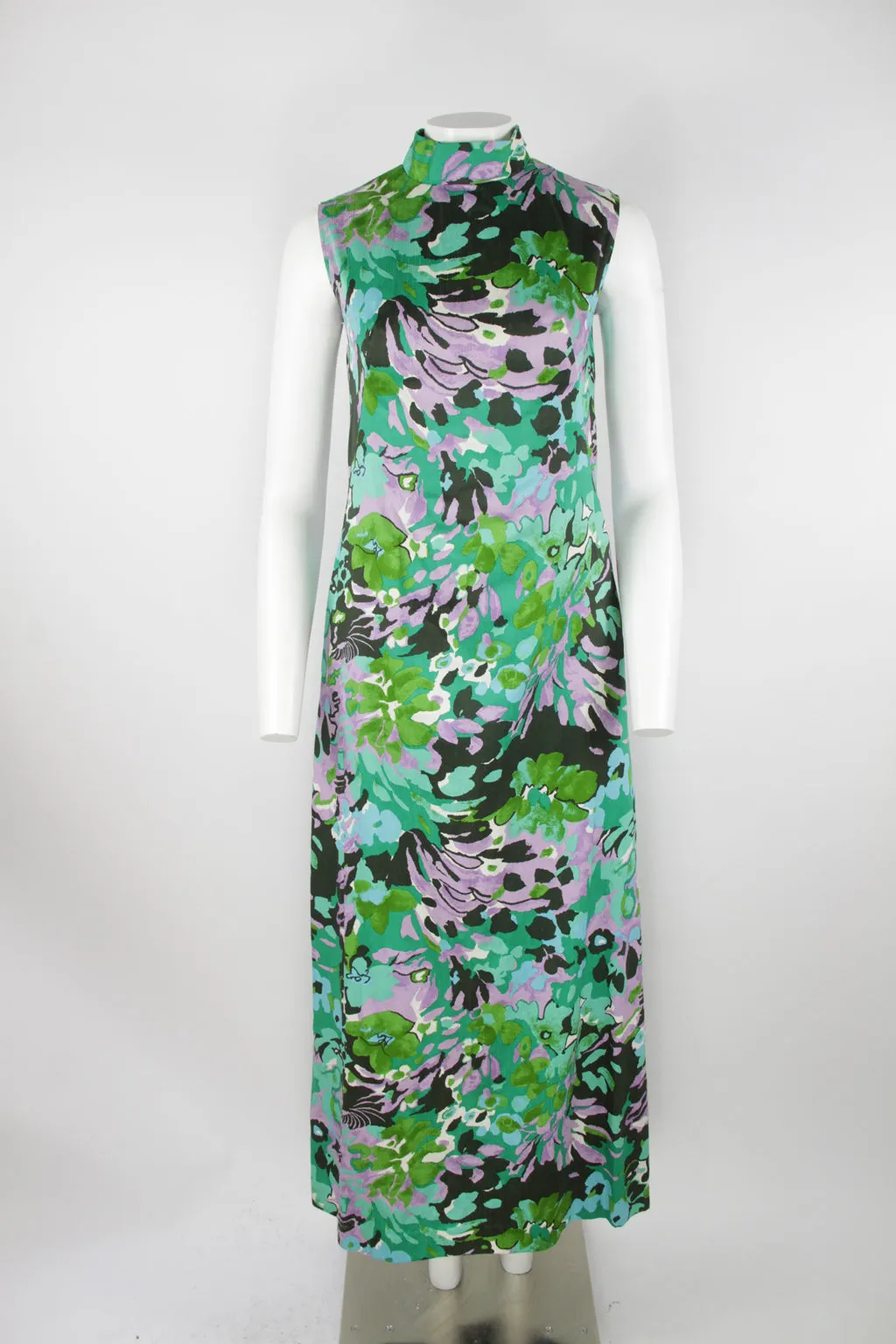 70s high collar maxi dress - Green and purple floral pattern - S