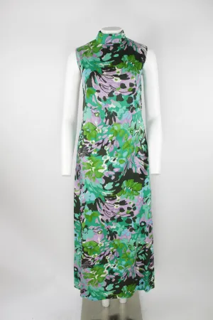 70s high collar maxi dress - Green and purple floral pattern - S