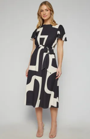 Abstract Print Midi Dress with Elastic Waist