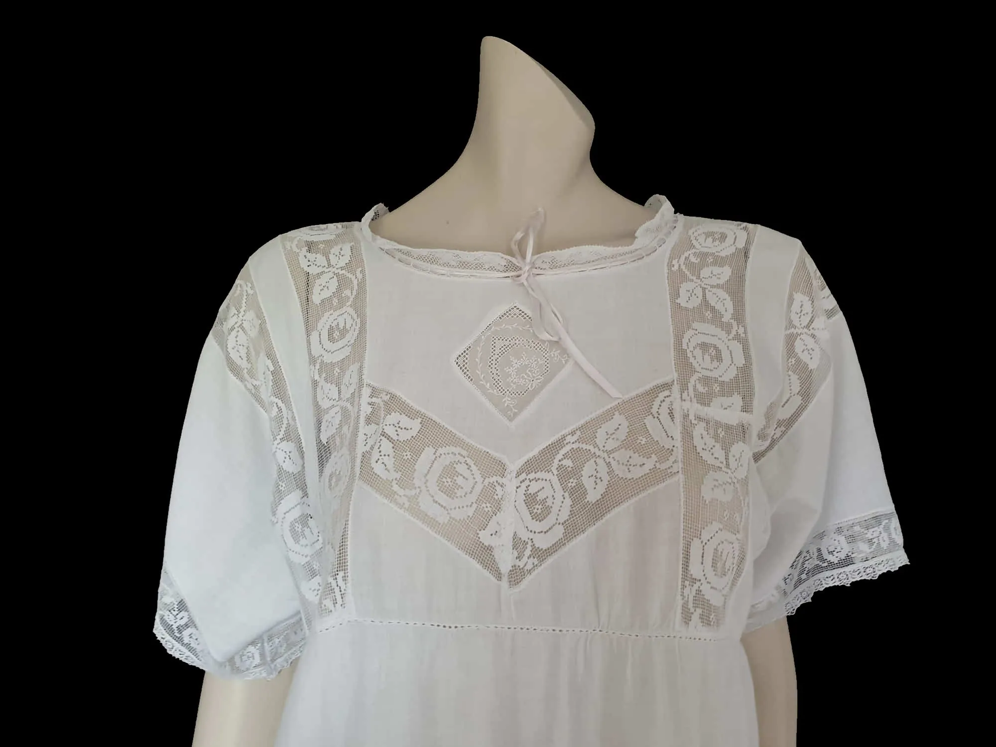 Antique, Edwardian White Lace Nightgown Dress With Embroidery - M