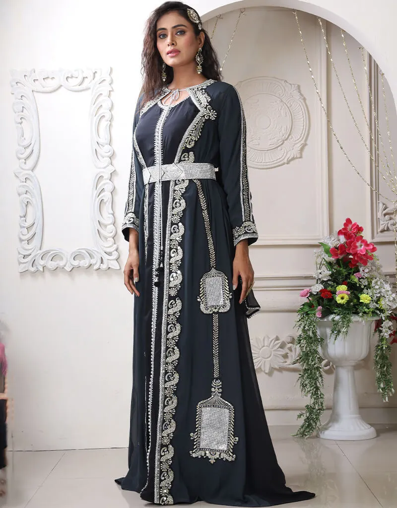 Arabic DarkGrey Georgette Stone Embroidery Moroccan