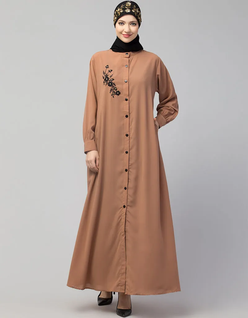Arabic  Front Open with Black Embroidery Casual Abaya In The Color  Skin