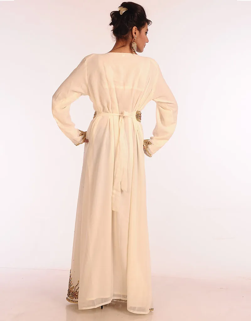 Arabic Off White Georgette Hand Embroidery Party Wear Kaftan