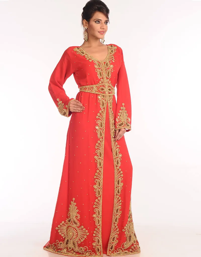 Arabic Red Georgette Hand Zari Embroidery Kaftan