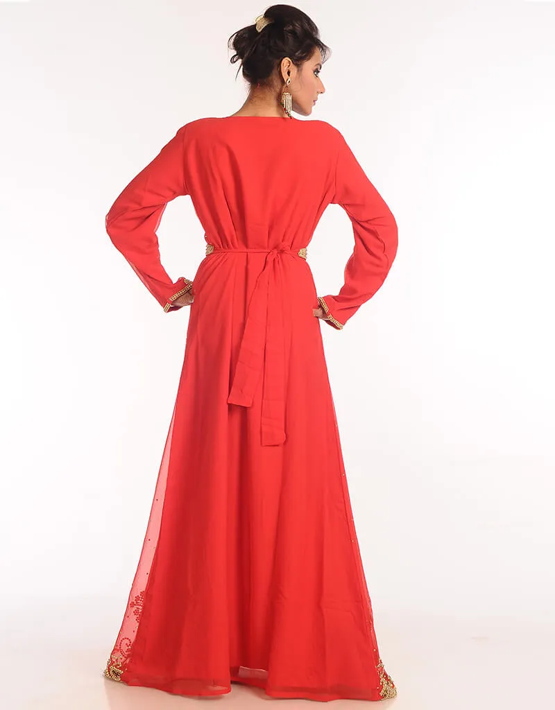Arabic Red Georgette Hand Zari Embroidery Kaftan