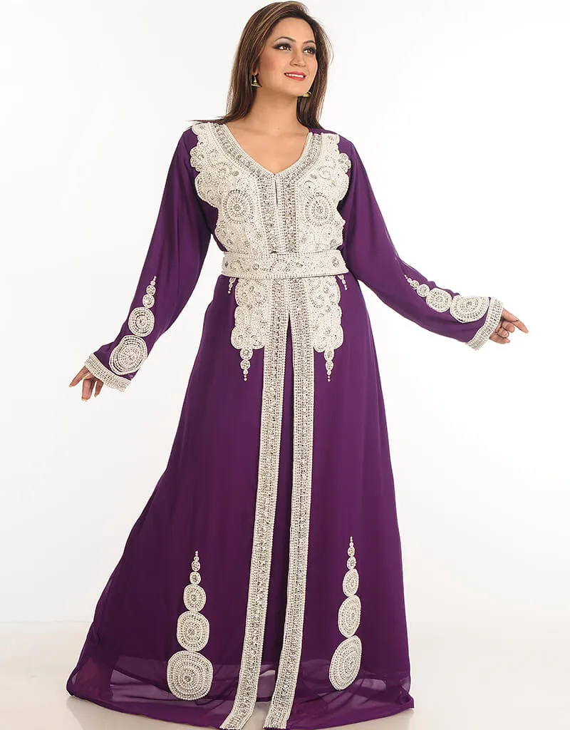 Arabic Wine Georgette Hand Embroidery Party Wear Kaftan