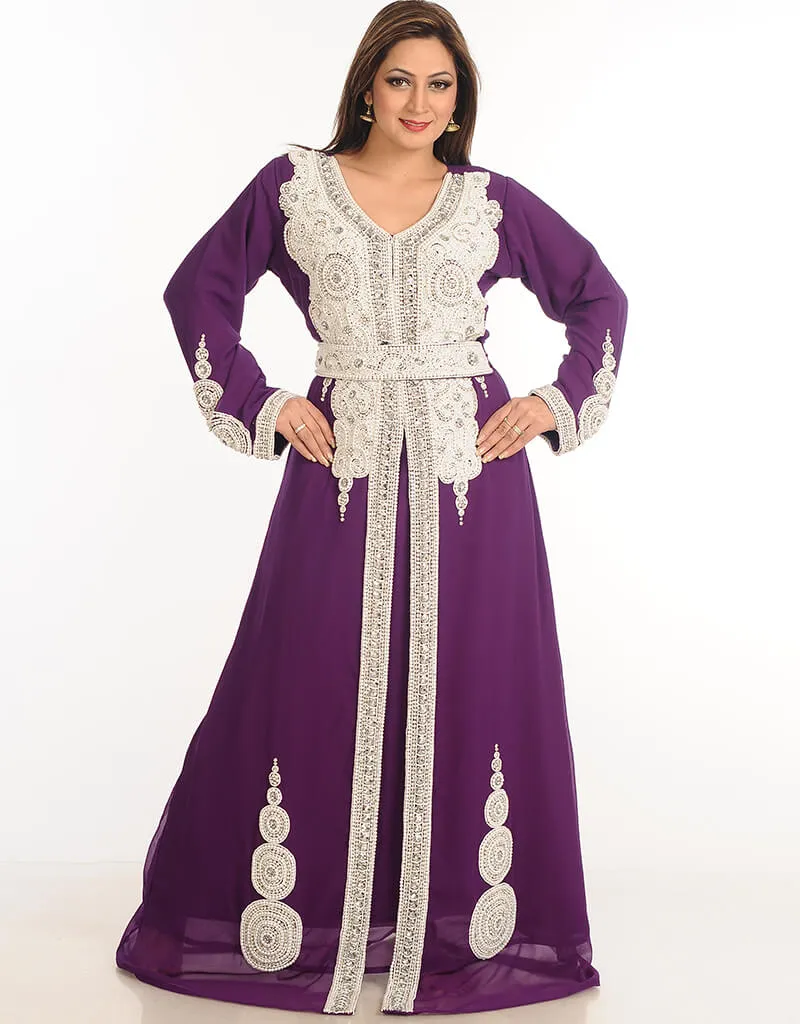 Arabic Wine Georgette Hand Embroidery Party Wear Kaftan