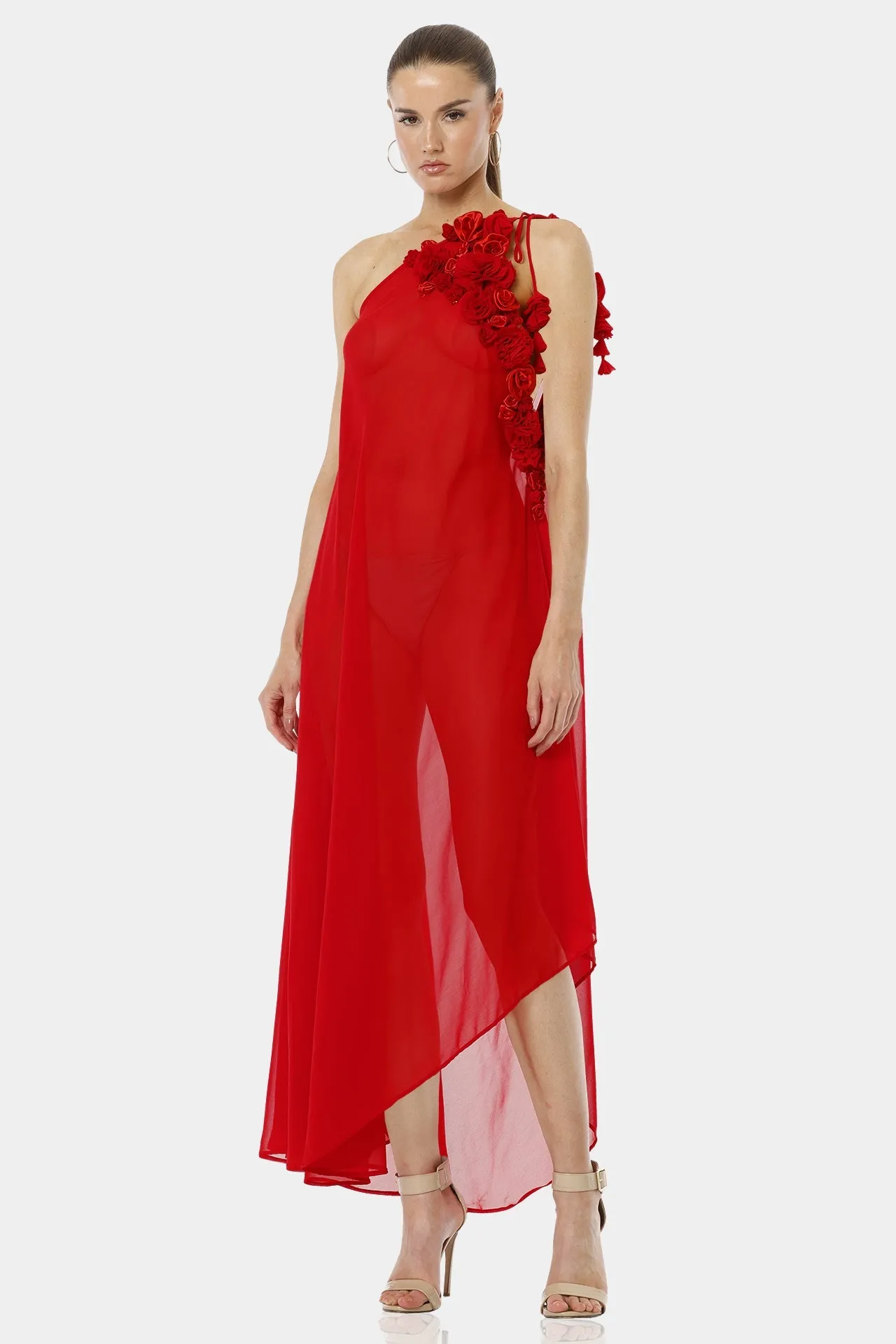 Architect's House Hot Red Sheer Maxi Dress With 3D Flower Neckline