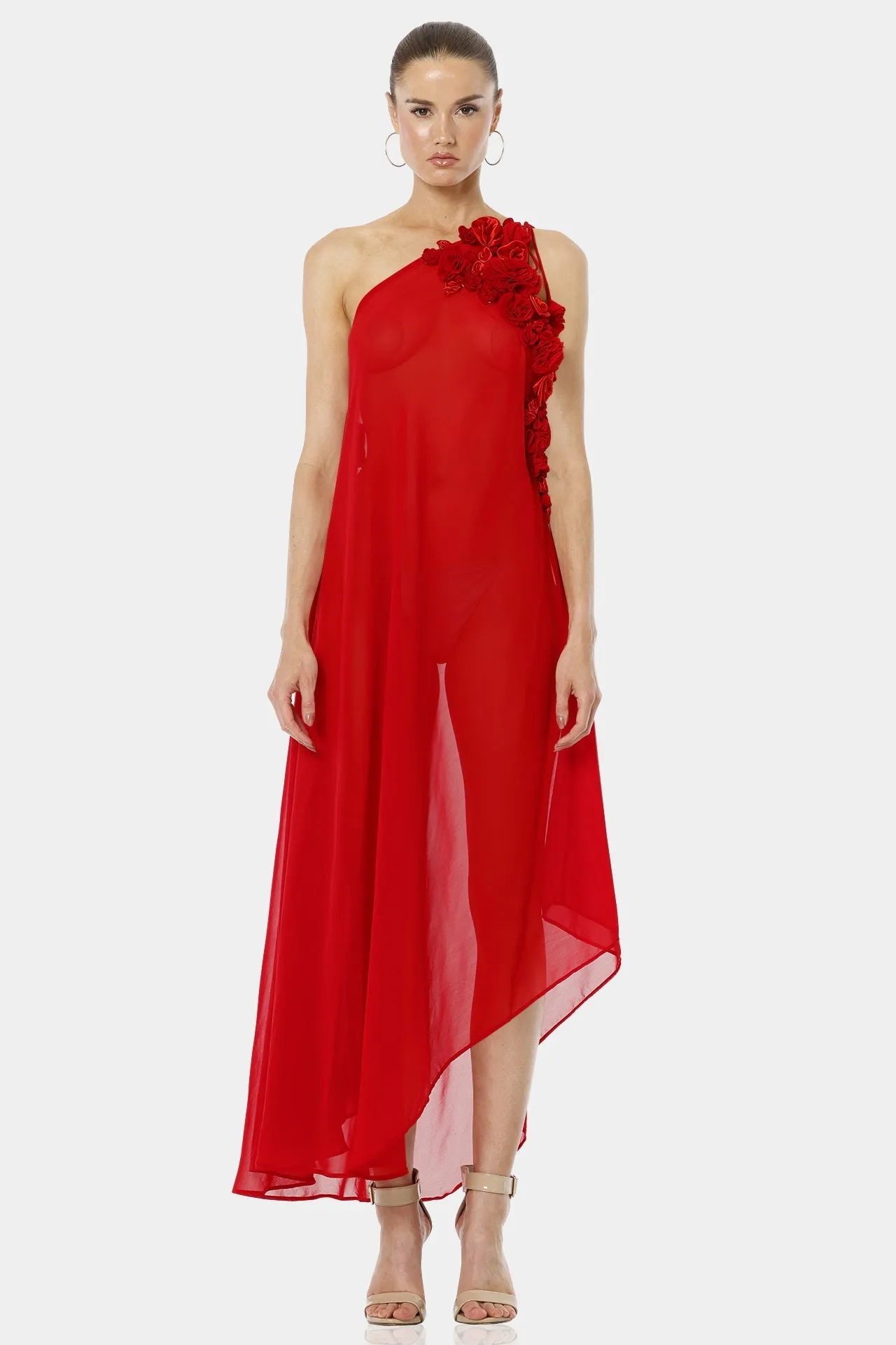 Architect's House Hot Red Sheer Maxi Dress With 3D Flower Neckline