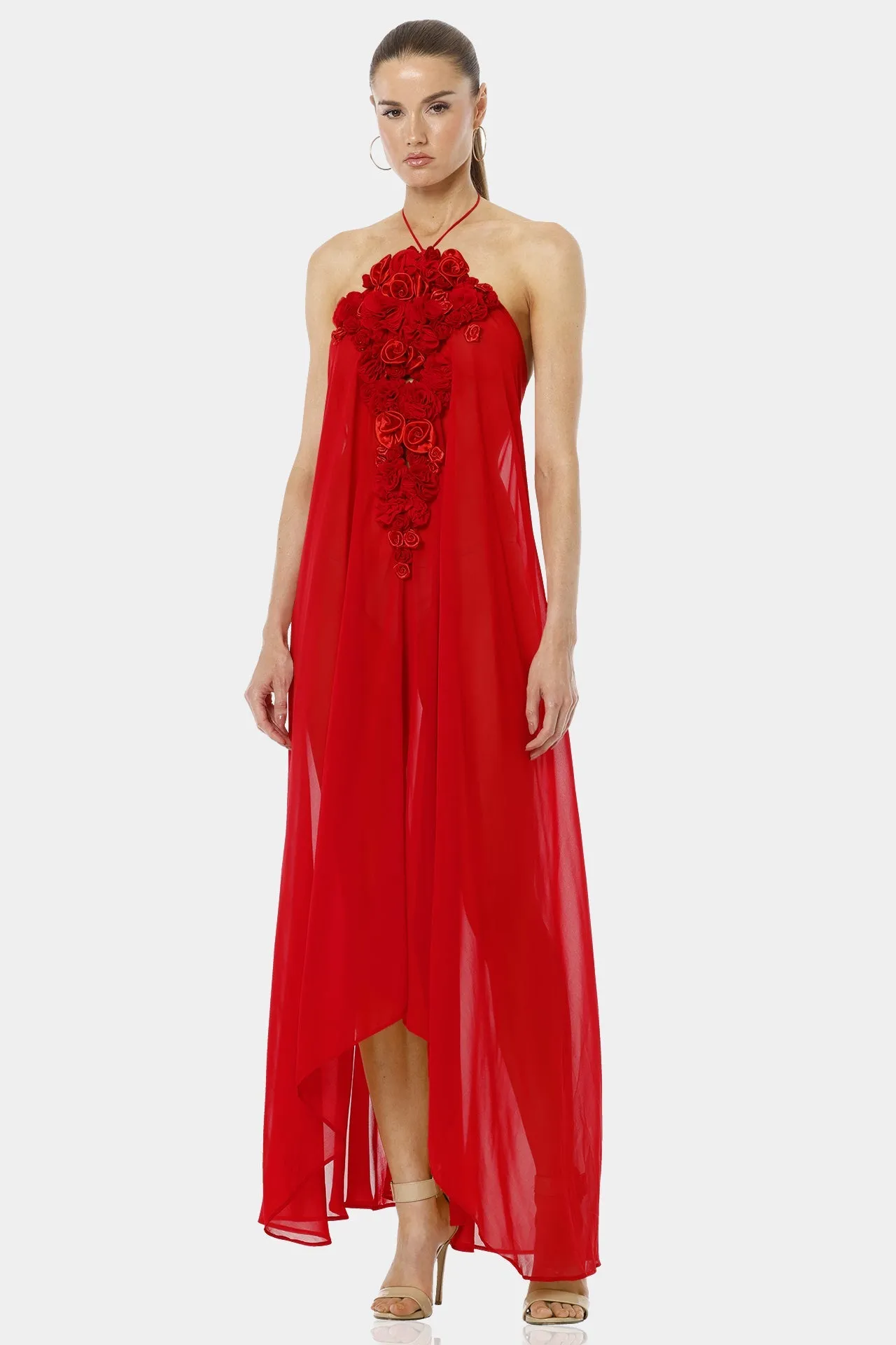 Architect's House Hot Red Sheer Maxi Dress With 3D Flower Neckline