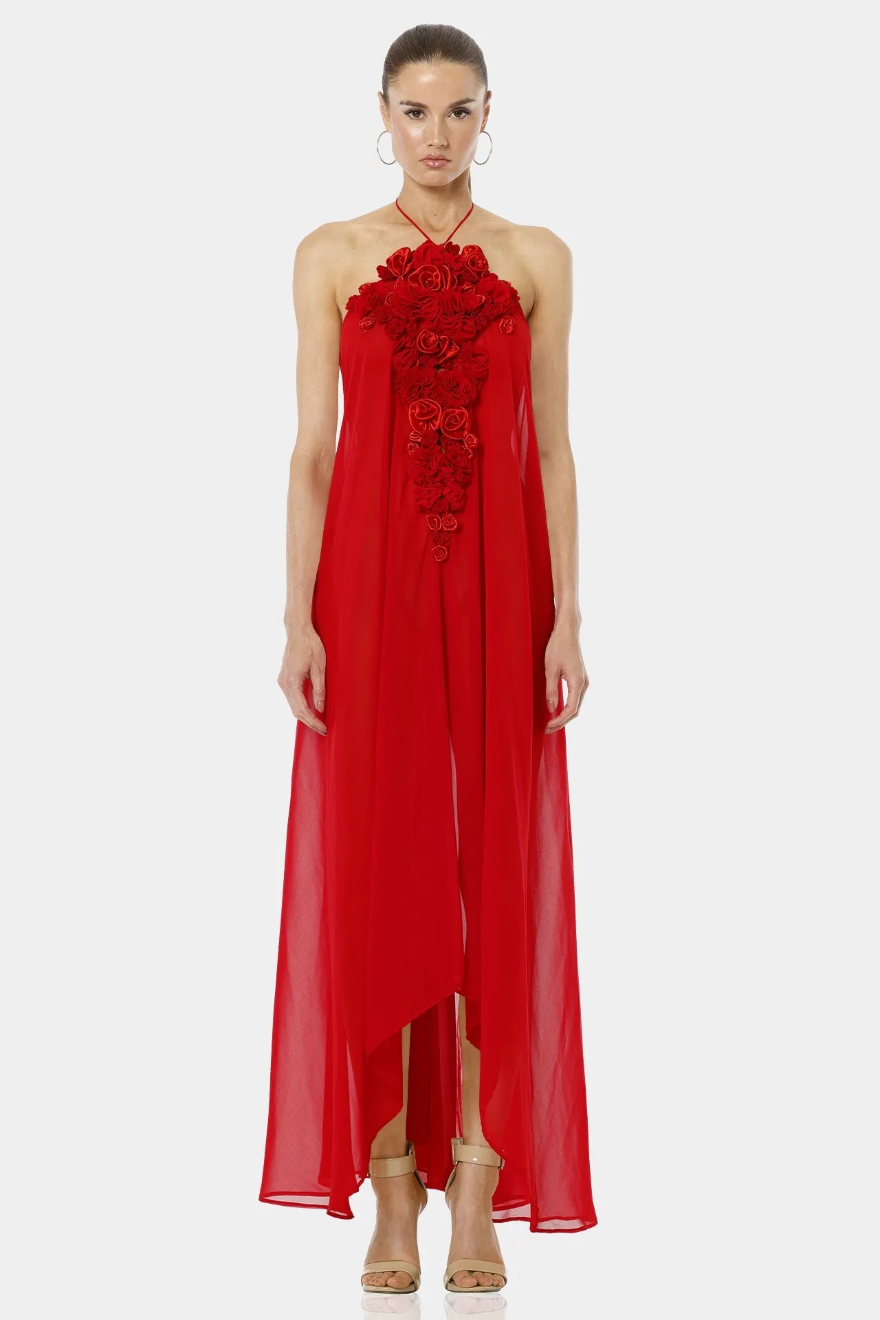 Architect's House Hot Red Sheer Maxi Dress With 3D Flower Neckline