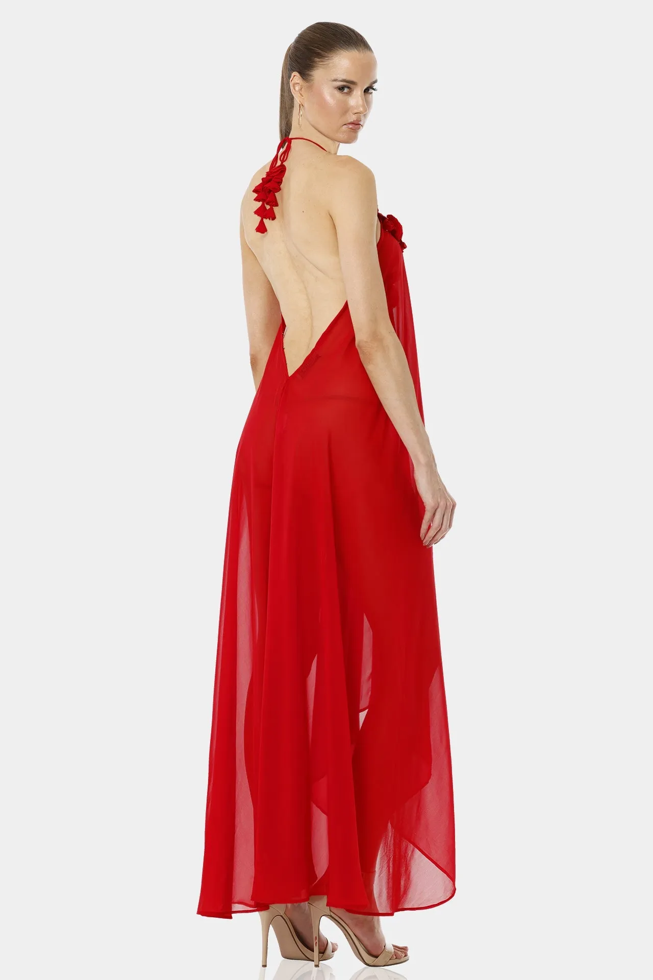 Architect's House Hot Red Sheer Maxi Dress With 3D Flower Neckline