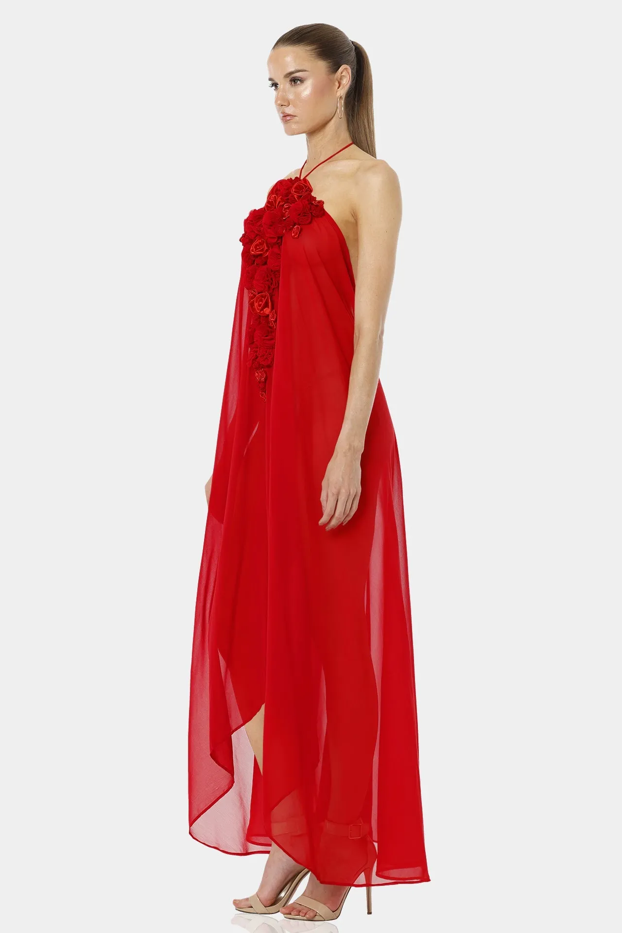 Architect's House Hot Red Sheer Maxi Dress With 3D Flower Neckline