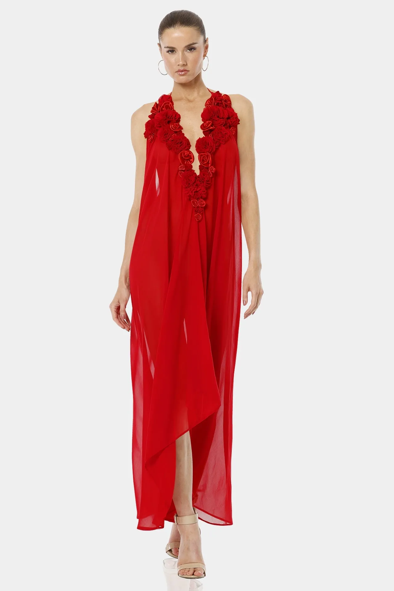Architect's House Hot Red Sheer Maxi Dress With 3D Flower Neckline