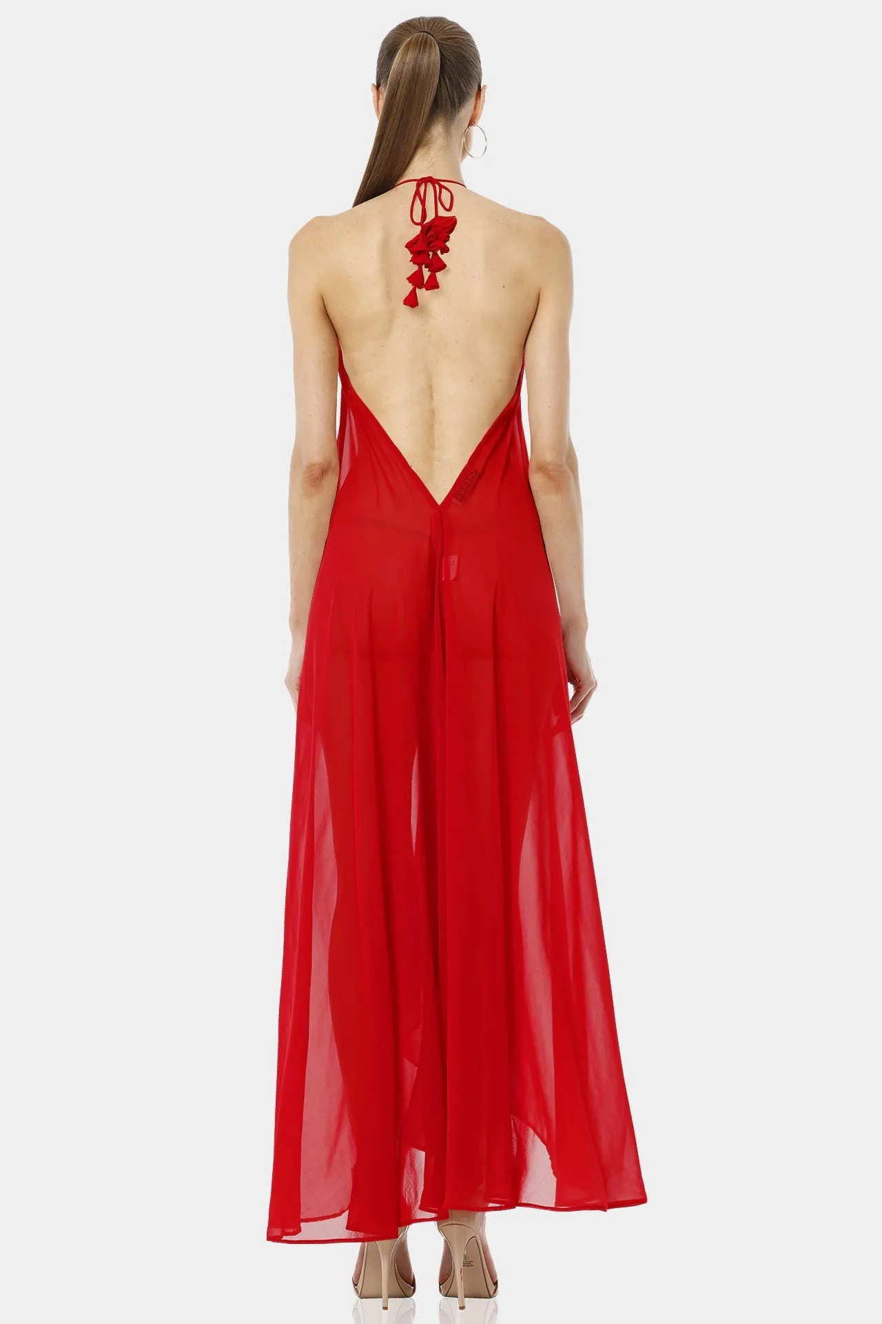 Architect's House Hot Red Sheer Maxi Dress With 3D Flower Neckline