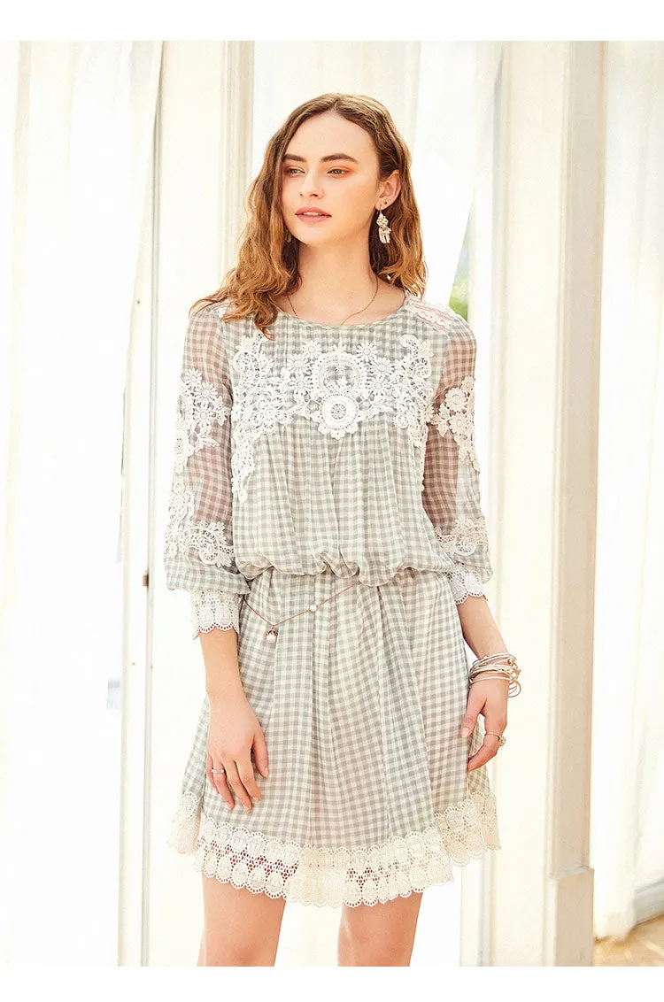 ARTKA LACE CHECK DRESS WITH FRILL DETAIL