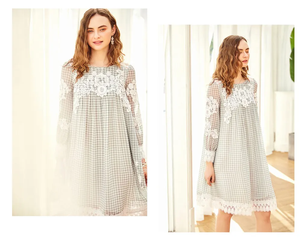 ARTKA LACE CHECK DRESS WITH FRILL DETAIL