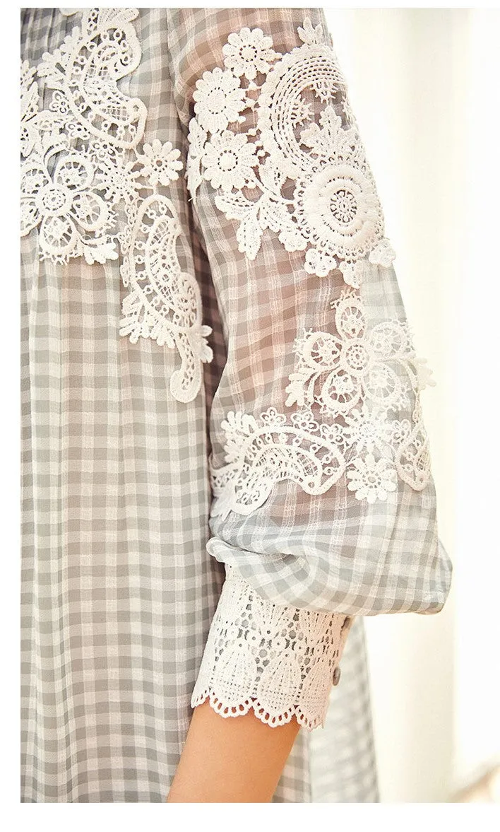 ARTKA LACE CHECK DRESS WITH FRILL DETAIL