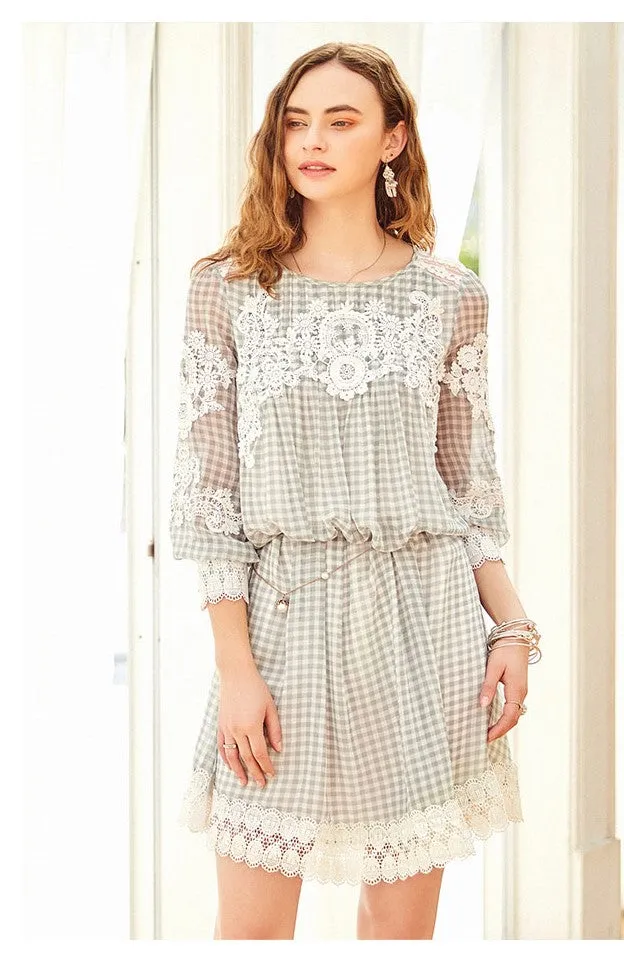ARTKA LACE CHECK DRESS WITH FRILL DETAIL