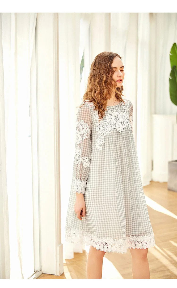 ARTKA LACE CHECK DRESS WITH FRILL DETAIL