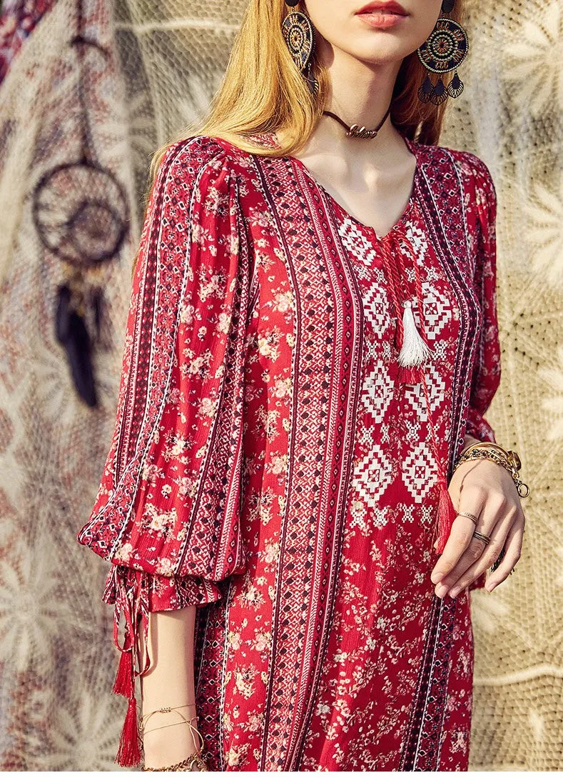 ARTKA SCARF PRINT FRILL SLEEVE DRESS IN RED