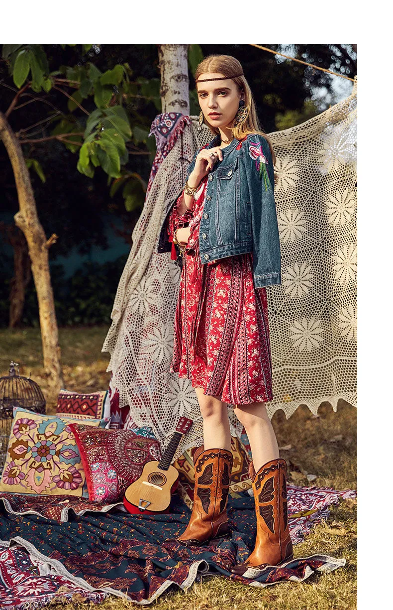 ARTKA SCARF PRINT FRILL SLEEVE DRESS IN RED