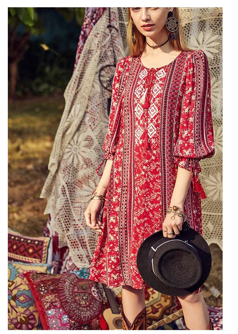 ARTKA SCARF PRINT FRILL SLEEVE DRESS IN RED