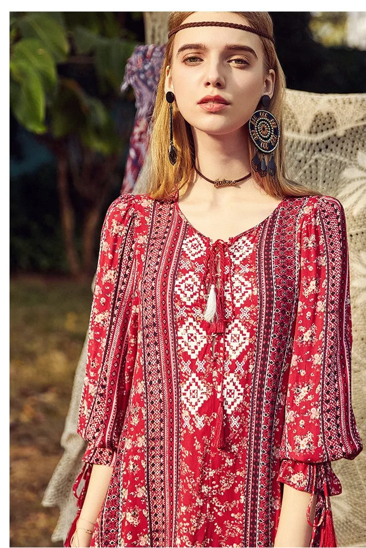 ARTKA SCARF PRINT FRILL SLEEVE DRESS IN RED