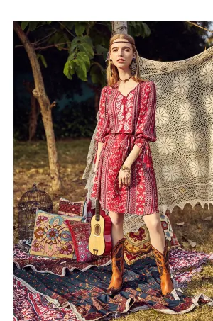 ARTKA SCARF PRINT FRILL SLEEVE DRESS IN RED