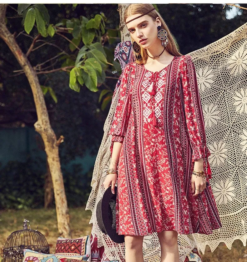 ARTKA SCARF PRINT FRILL SLEEVE DRESS IN RED