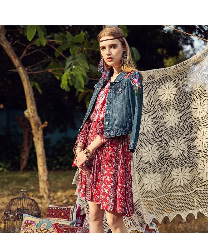 ARTKA SCARF PRINT FRILL SLEEVE DRESS IN RED