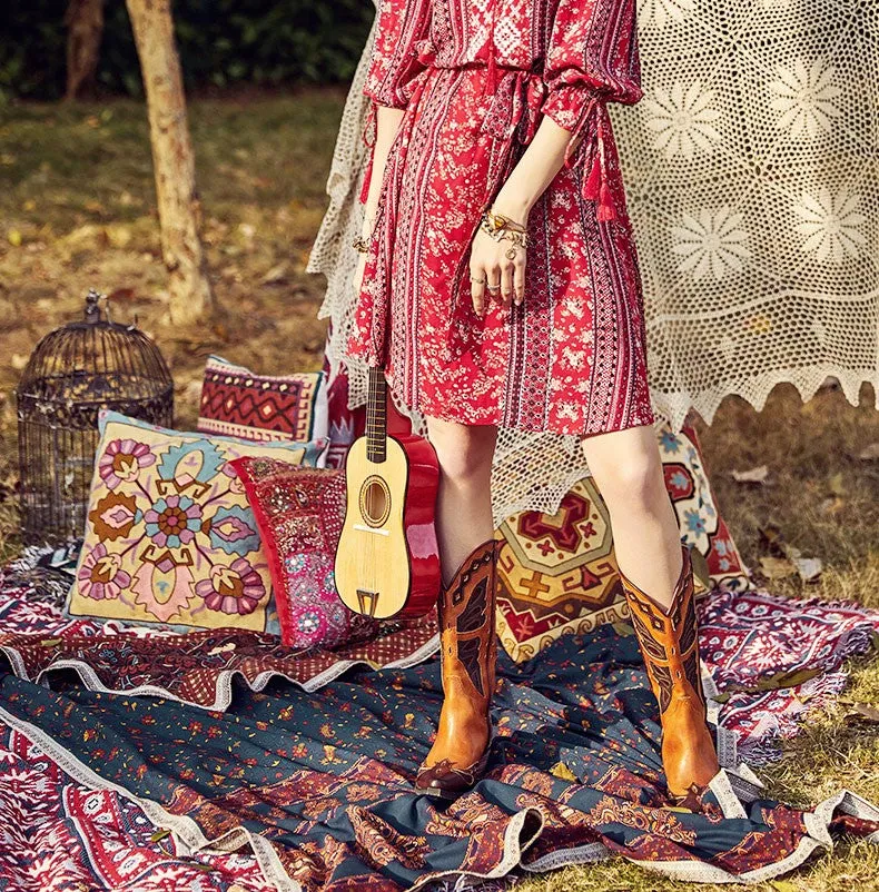 ARTKA SCARF PRINT FRILL SLEEVE DRESS IN RED