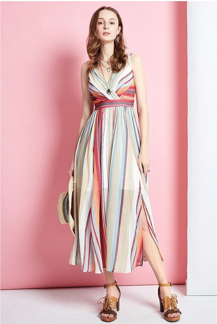 ARTKA WRAP FRONT MAXI DRESS IN MULTI STRIPE