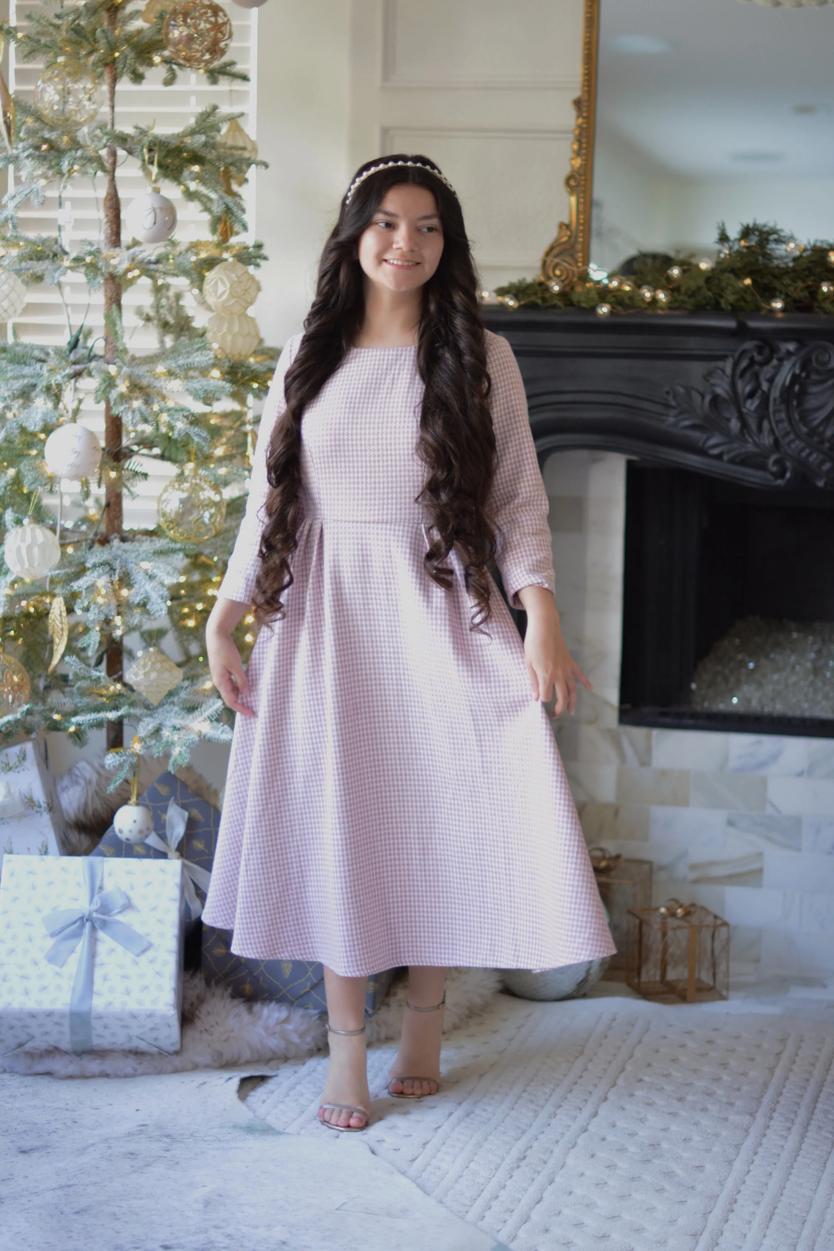 Asos Pink Houndstooth Midi Dress