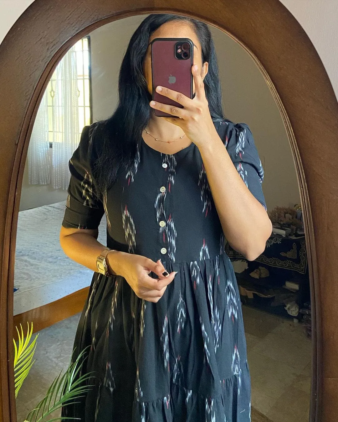 Black Ikat Print Cotton Midi Dress