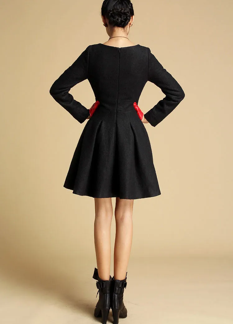 Black wool winter mini dress 0352#