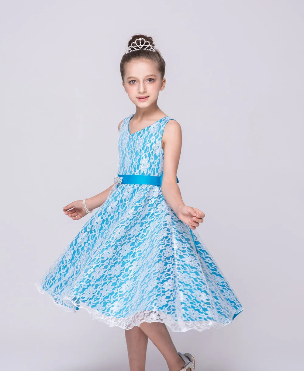 Blue Lace Sleeveless Dress, Size 4-14 Yrs