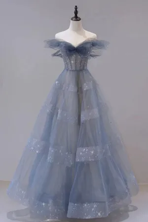 Blue Tulle Long A-Line Prom Dress