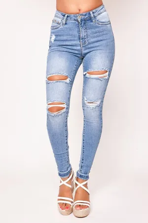 Bree - Blue High Waisted Ripped Skinny Jeans