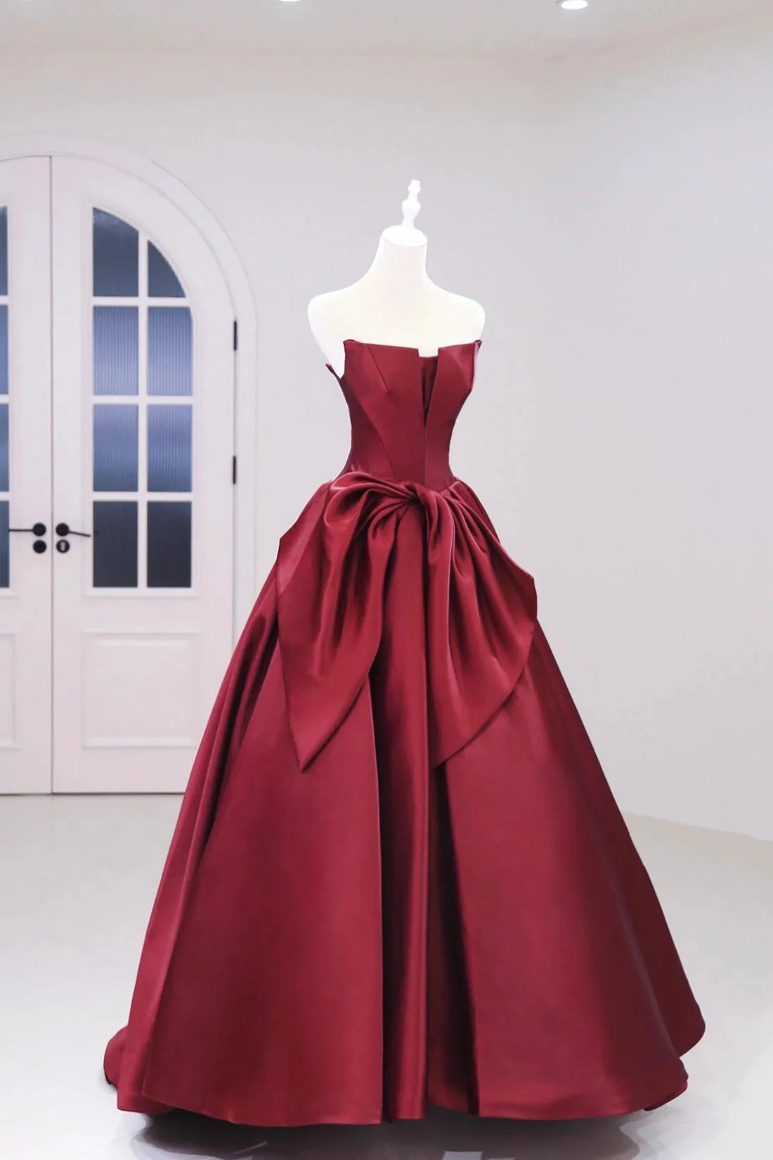 Burgundy Strapless Satin Long Prom Dress, Beautiful A-Line Evening Party Dress